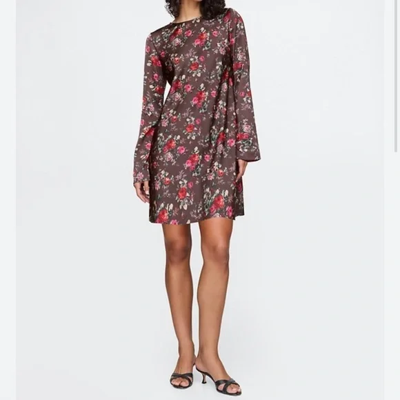 GAP Womens Satin Floral Long Sleeve Dress - Brown with Pink & Red Roses Size S - Picture 9 of 10
